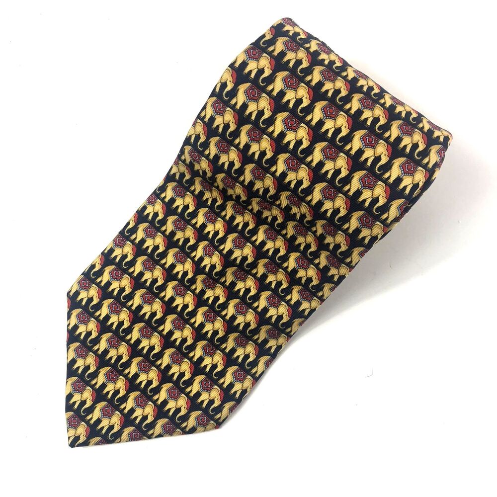 BEAUFORT New York 100% Silk Tie Navy Blue Yellow Elephant Pattern Made in Italy